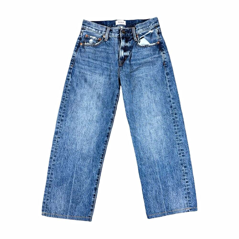 PISTOLA Women’s Blue Medium Wash Distressed Straight Leg Denim Jeans Size 25